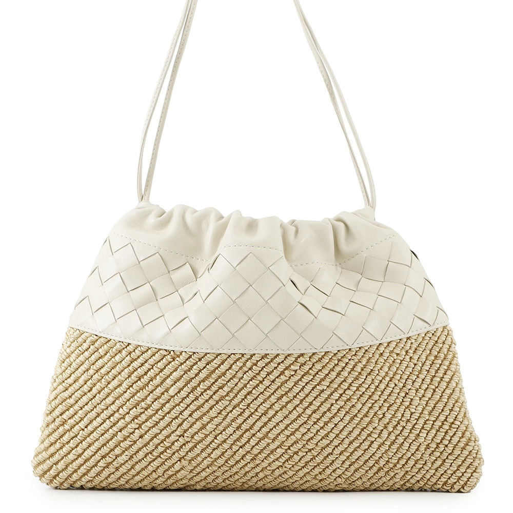 Bottega Veneta Shoulder Bag Intrecciato Raffia Leather Drawstring Black